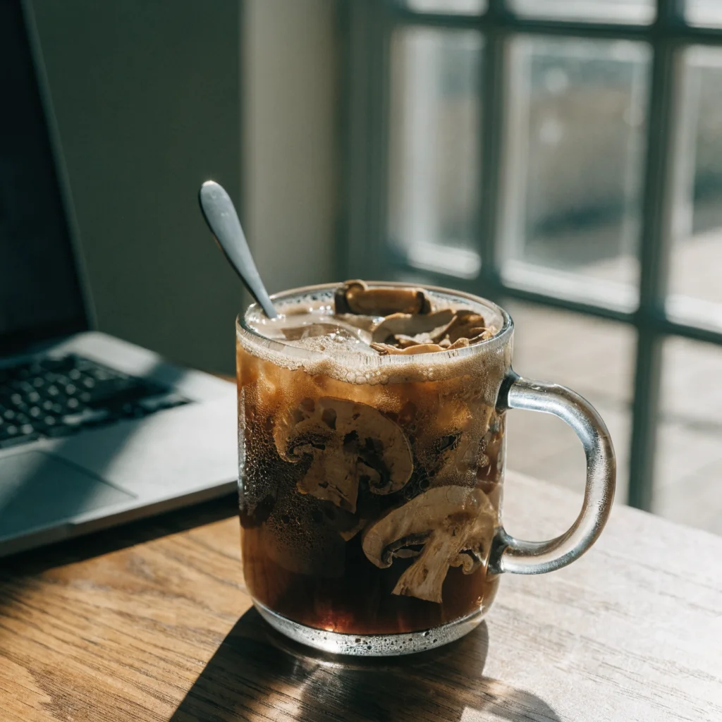Yege Mushroom Coffee cup at morning desk