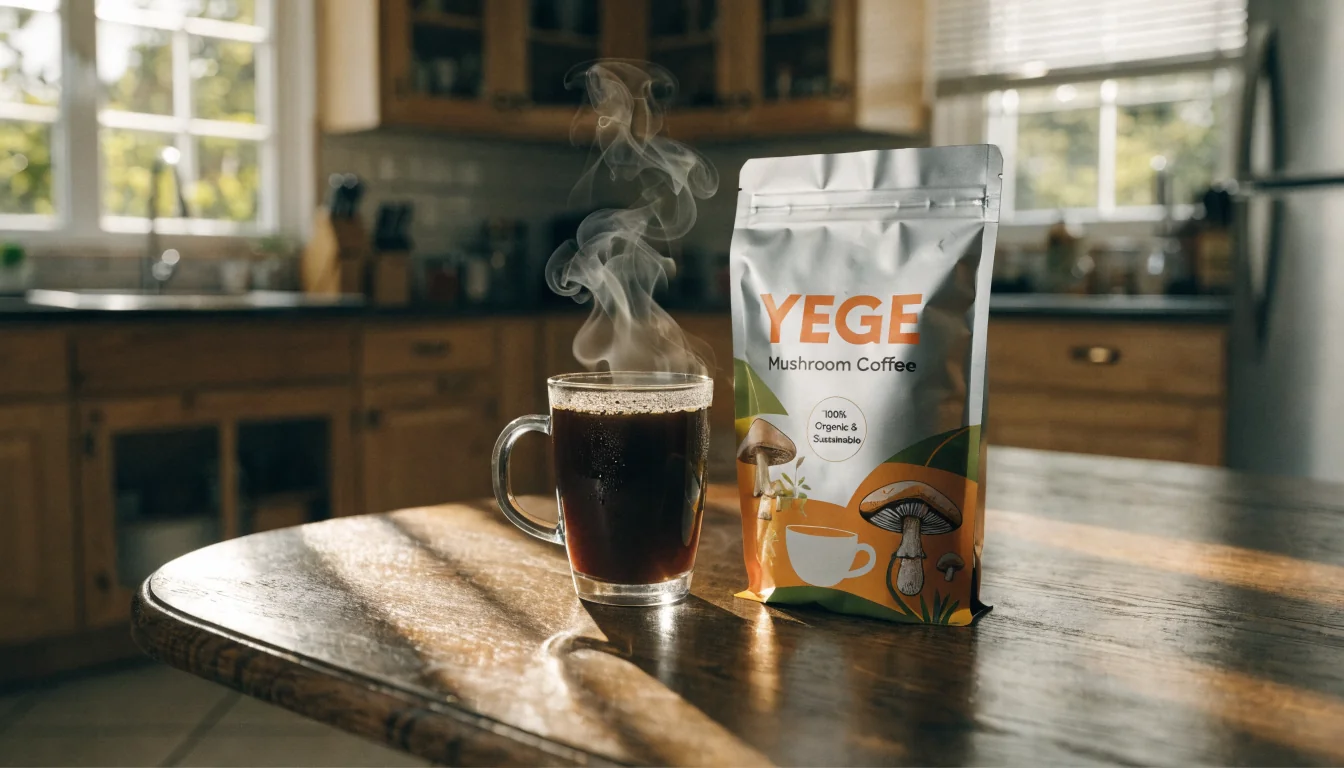 Yege Mushroom Coffee cup and packaging in warm morning light
